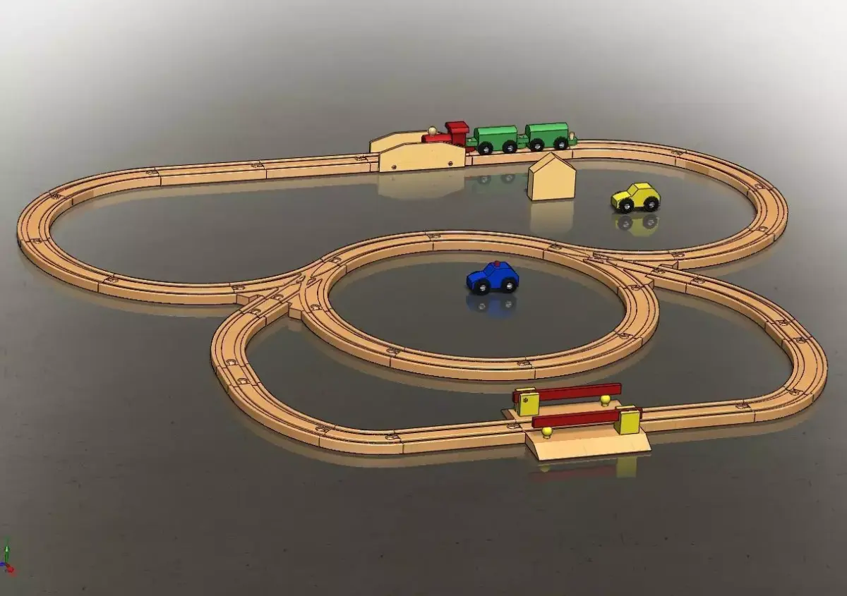 Railroad with train and houses 3D print model