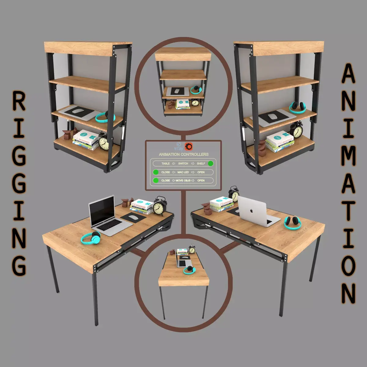 Wall Mounted Convertible Shelf and Table with Rigging 3D model