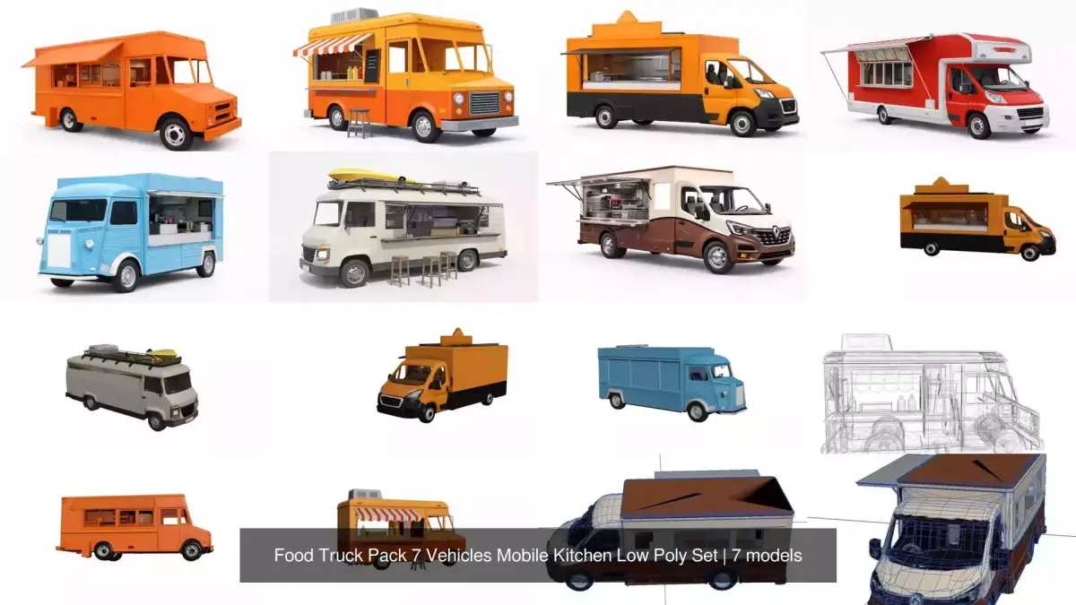 Food Truck Pack 7 Vehicles Mobile Kitchen Low Poly Set