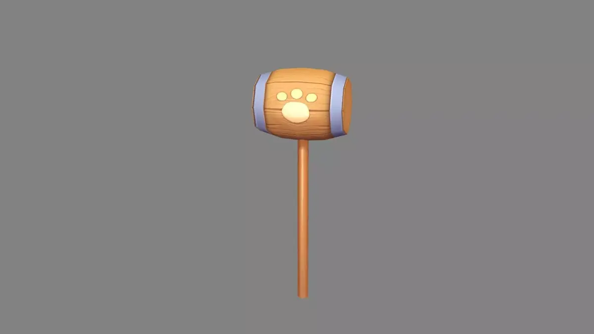Cartoon wooden hammer with cat paw print  Low-poly 3D model