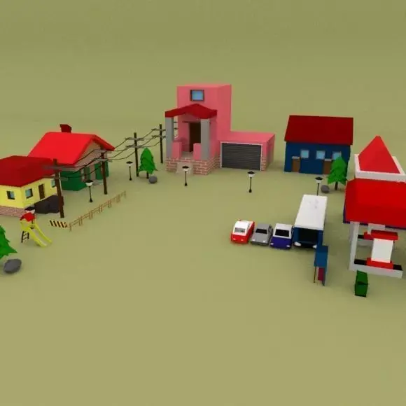 Low Poly Pack town with houses and cars Low-poly 3D model