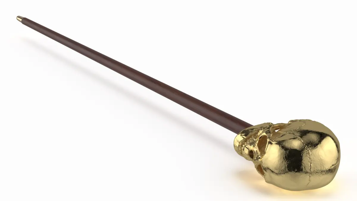 Skull Handle Cane Gold Wood 3D model