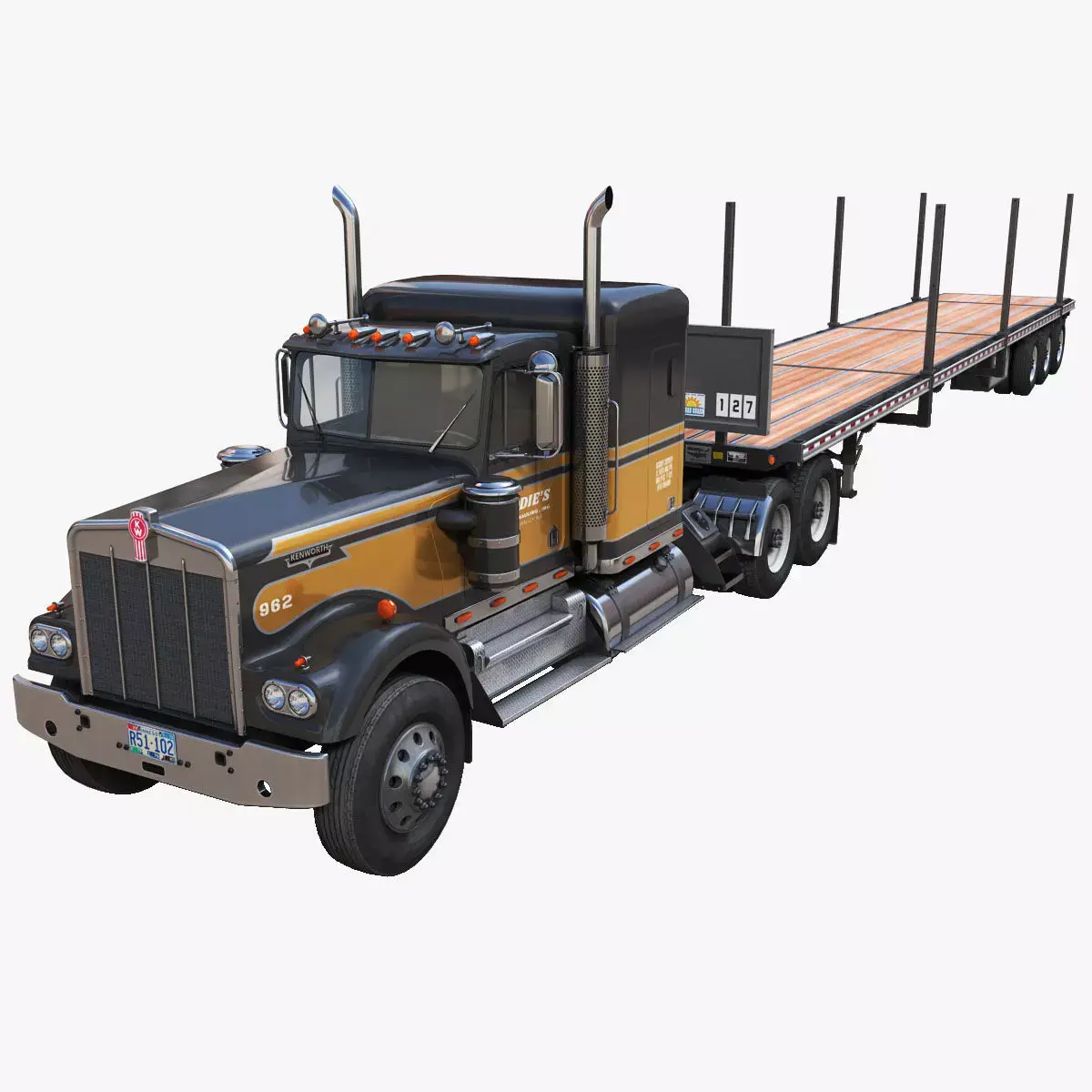 Kenworth W900A flatbed semitruck Low-poly 3D model