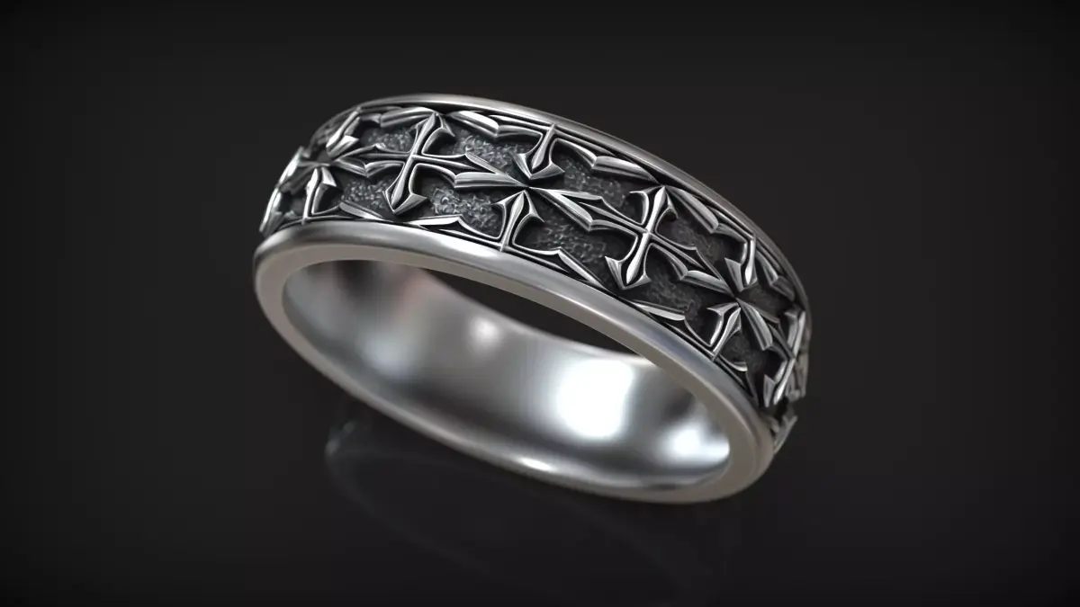 Medieval Gothic Cross Pattern Band Vintage Biker Ring 3D print model