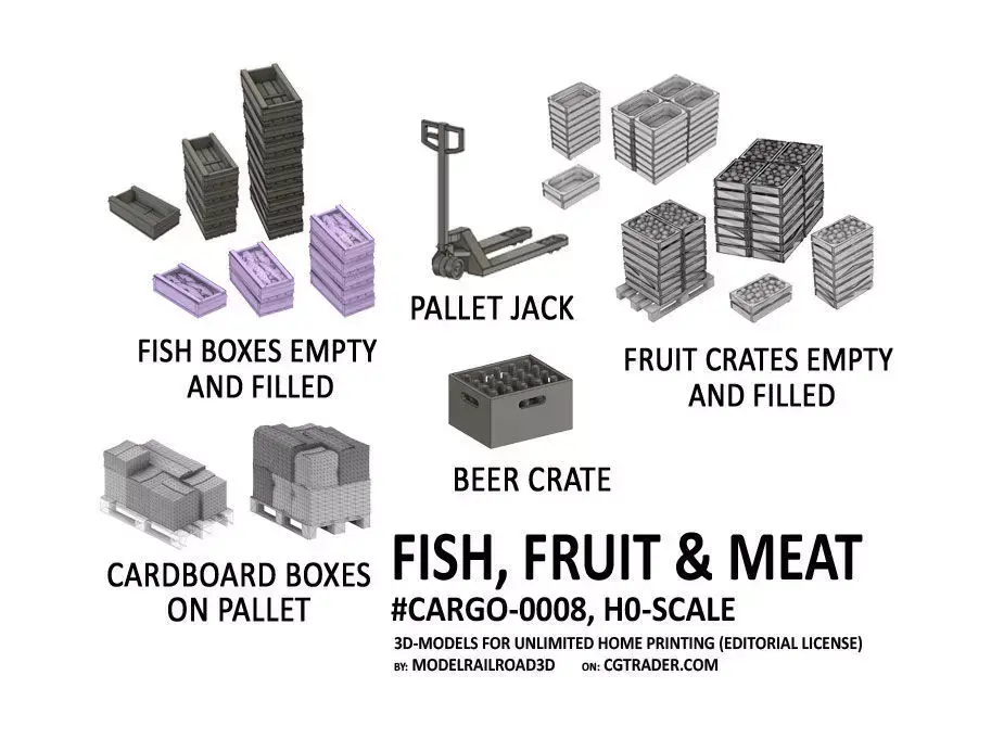 CARGO-0008 Fish Fruit and Meat boxes H0-scale 23 items 3D print model