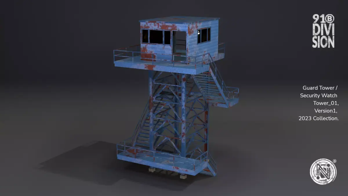 PBR Low Poly Guard Tower Security Watch Tower Blue Rusted Low-poly 3D model