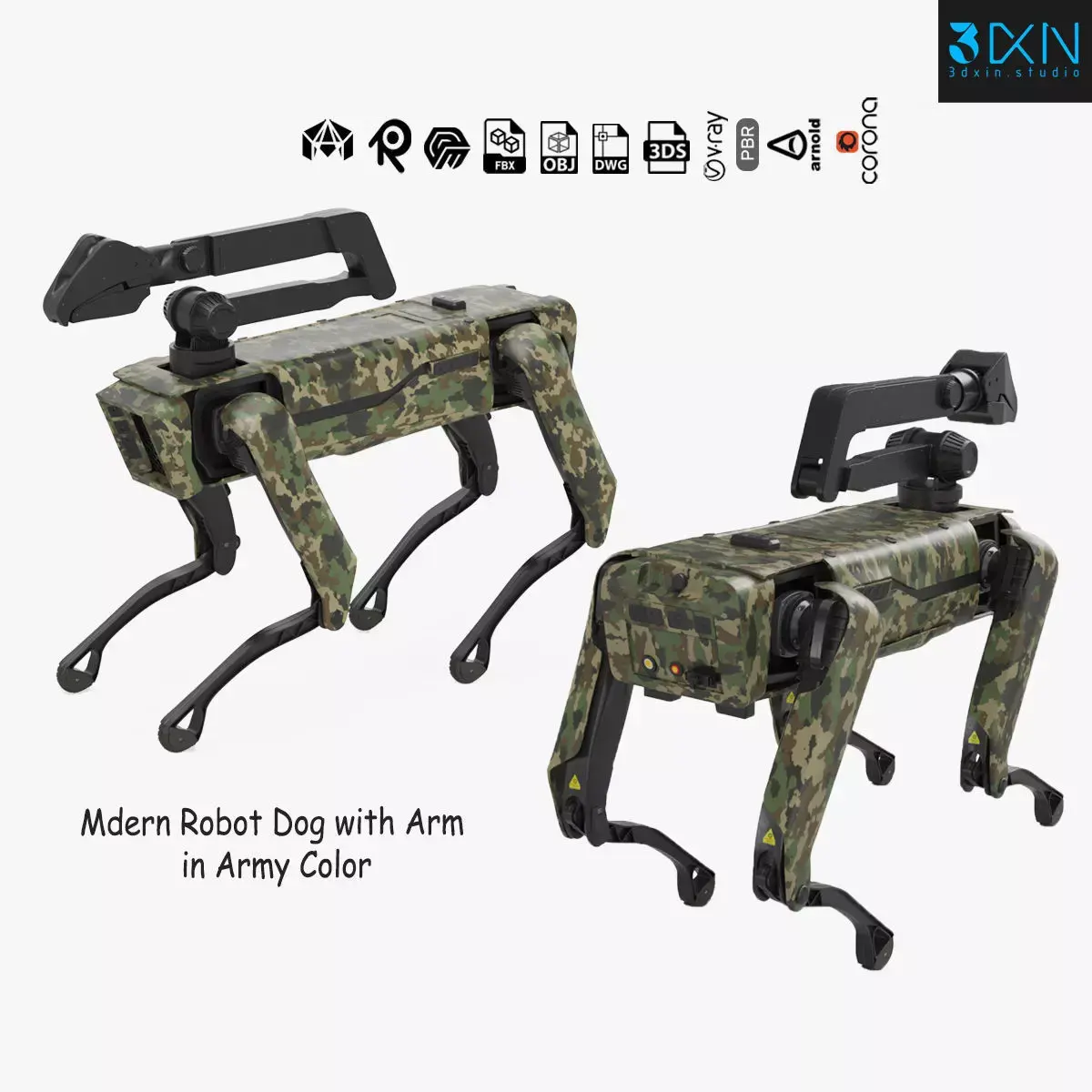 Modern Robot Dog with Arm in army color 3D model