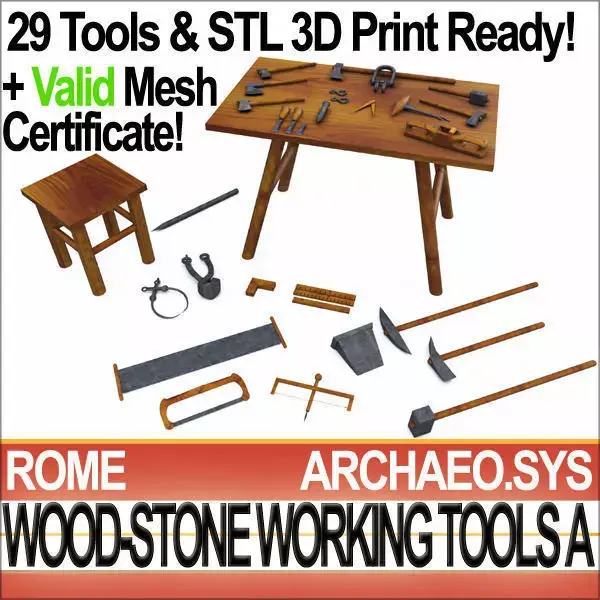 Roman Wood Stone Working Tools Collection 3D Print 3D model