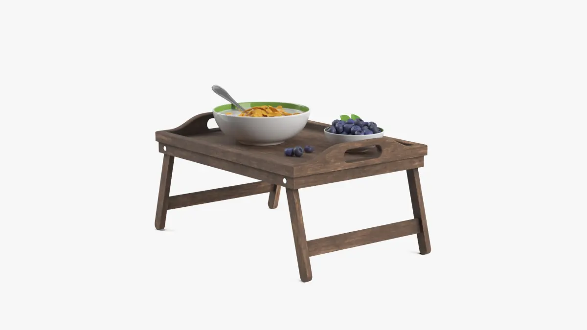 Bowl of Corn Flakes with Milk and Blueberries on Bed Tray 3D model