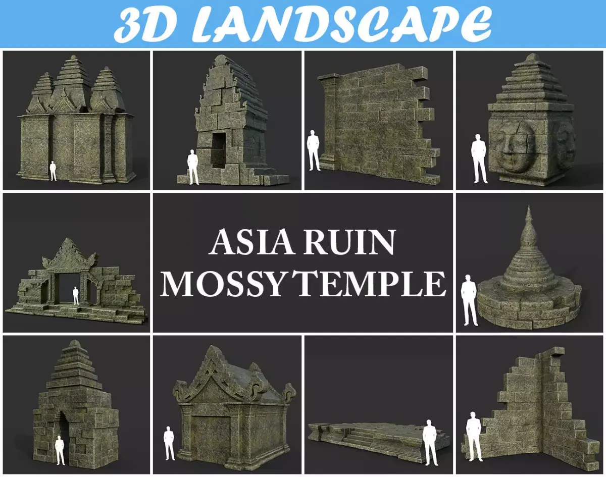 Low poly Mossy Mossy Ruin Asia Temple Pack Low-poly 3D model