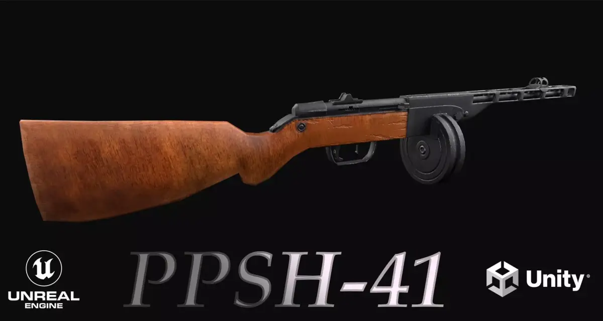 PPSh-41 Low-poly PBR 3D model wooden rifle Low-poly 3D model