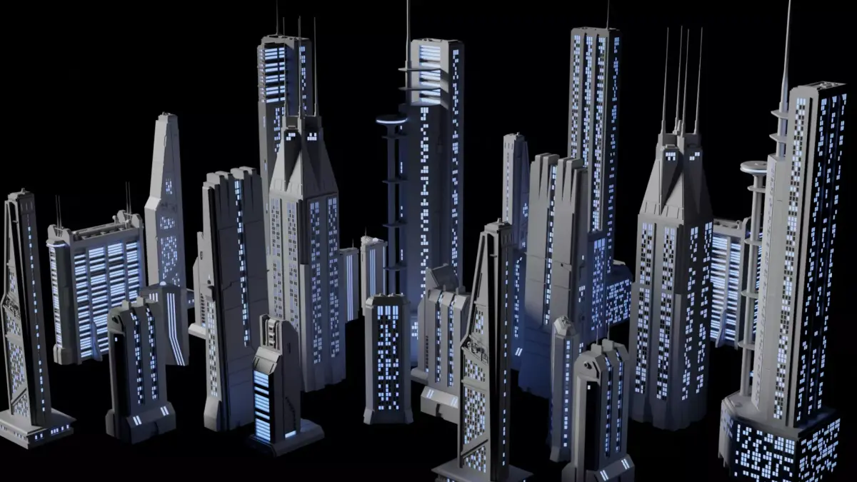 Sci-fi Buildings Kitbash with materials - Futuristic Cyberpunk 3D model