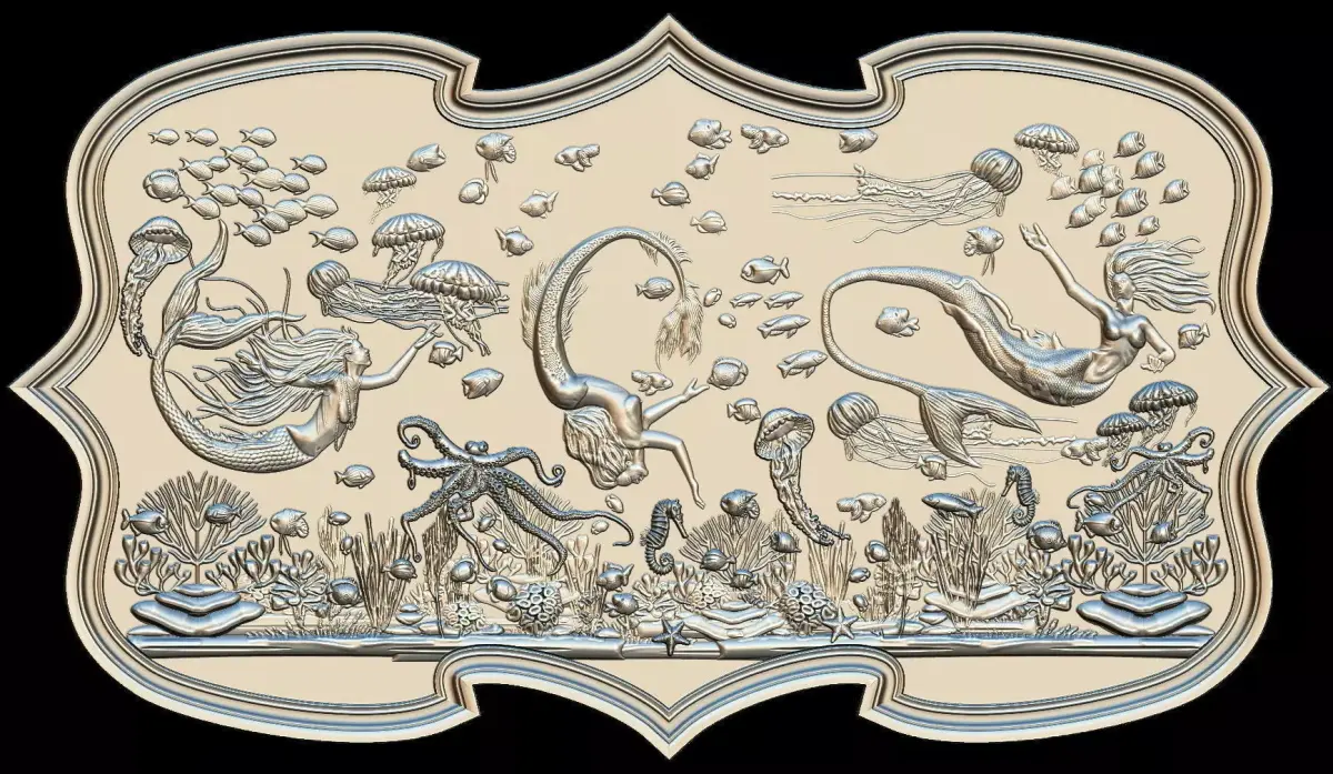 Aquatic Mermaid Theme Panno v2 STL for CNC Relief engraving  3D model
