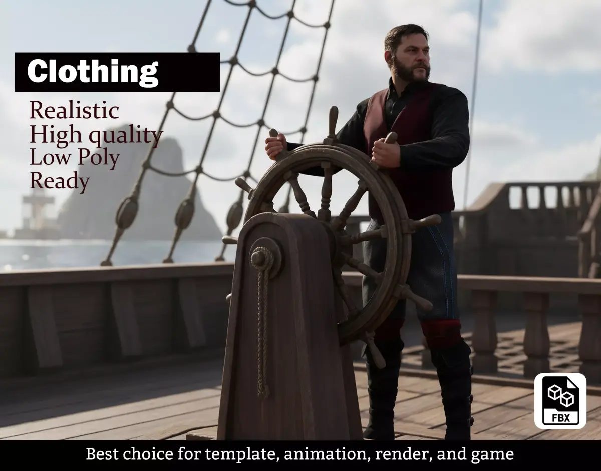 Pirate Captain Outfit - Game Ready Realistic Clothing Set Low-poly 3D model