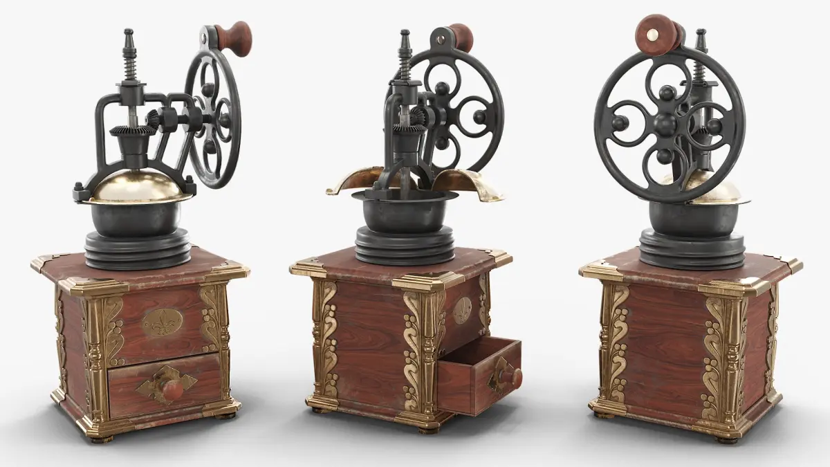 Retro Cast Iron Coffee Grinder on Carved Wood Chest Brown Gold Rigged 3D model