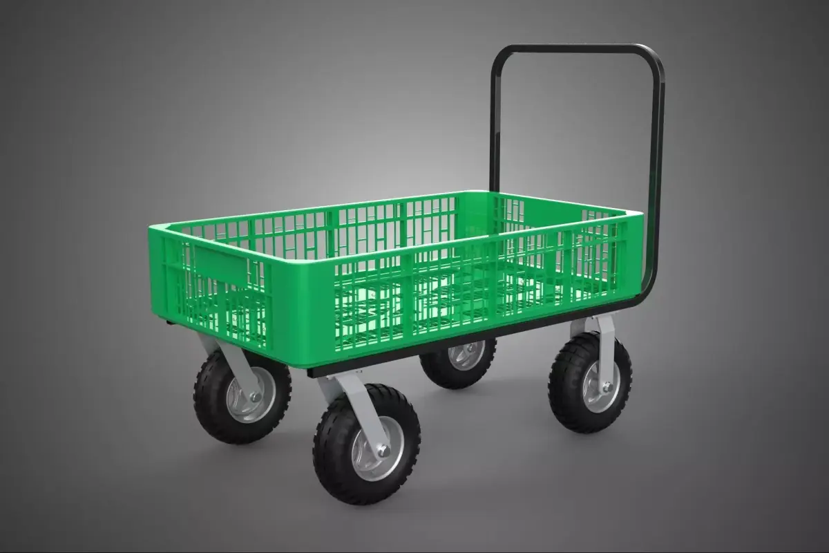 GREEN STEEL PUSH CRATE WAGON PLASTIC MESH DECK BED CART TROLLEY 3D model