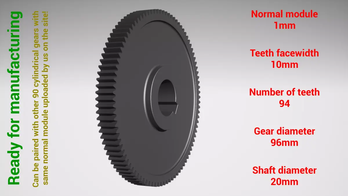 Cylindrical gear - paired - z94 m1 D96 d20 3D print model
