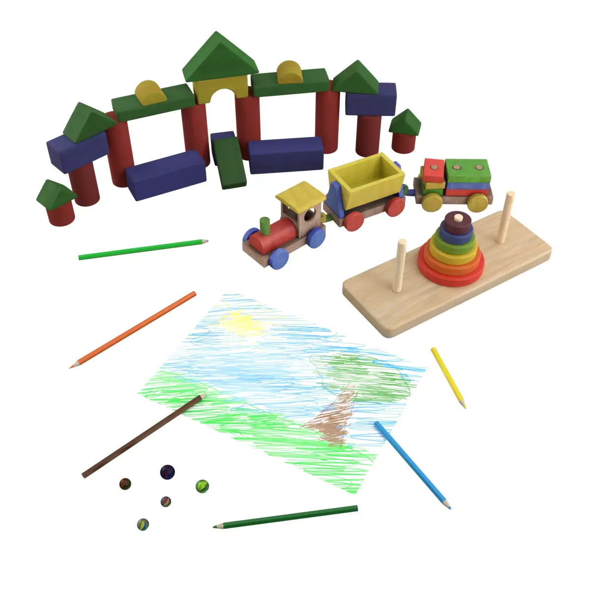Childhood wooden toy train 3D Model Pack