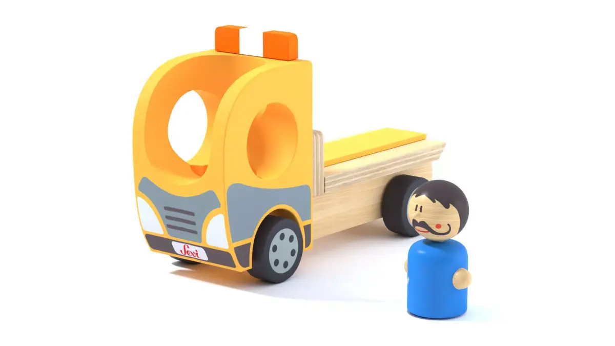 Toy Wood tow truck and character Camion et personnage en bois Low-poly 3D model