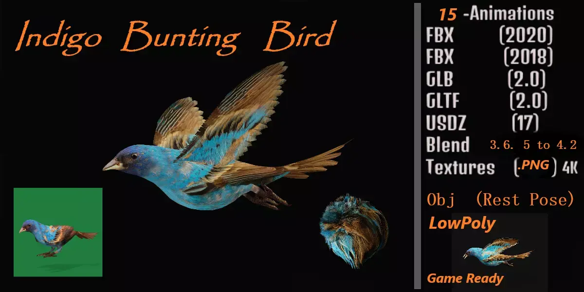 Indigo Bunting Blue Bird Low-poly 3D model