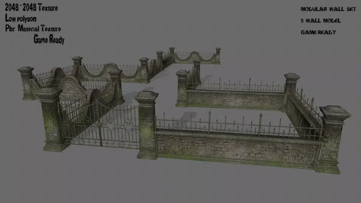 wall set 6 stone with iron railings Low-poly 3D model