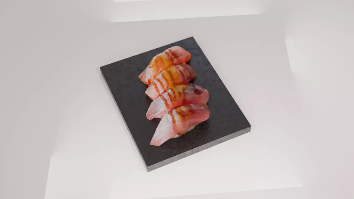 Sushi special Salmon and Tuna nigiri with teriyaki mango sauce 3D model
