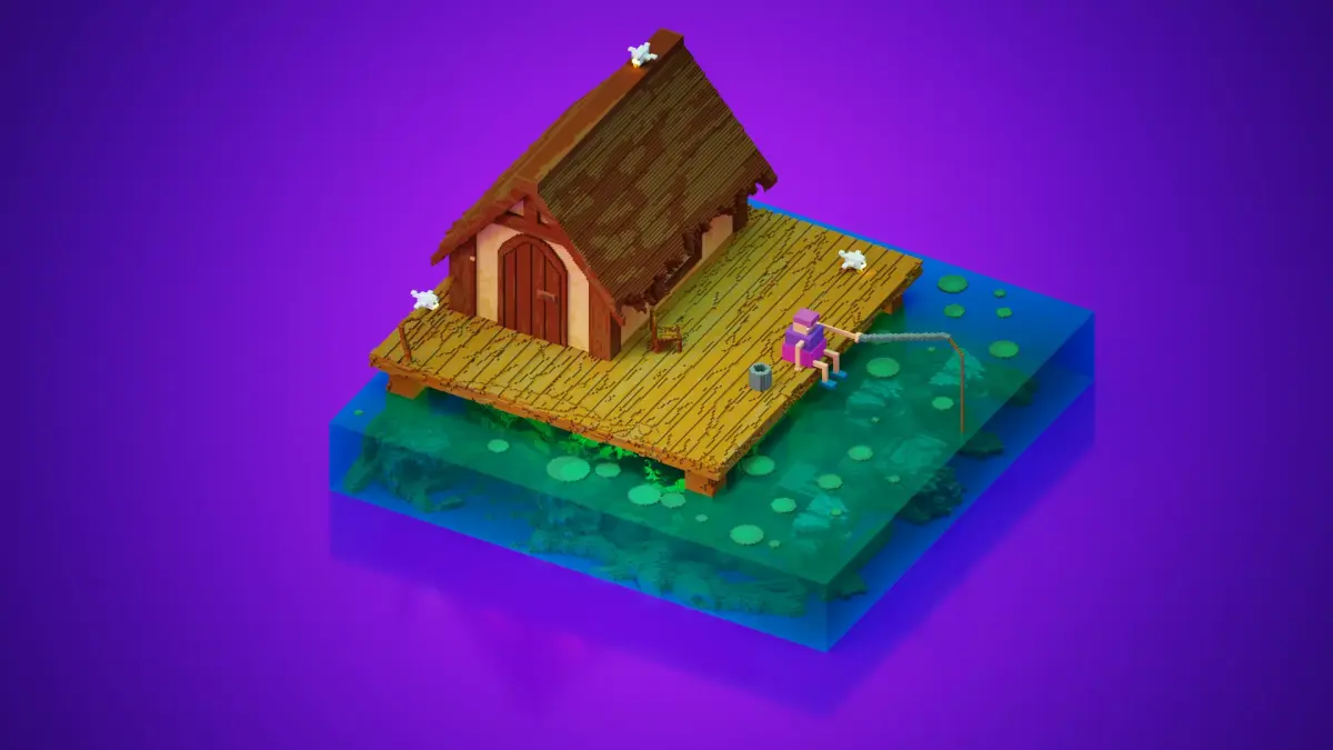 fishing and wooden cabin voxel art 3D model