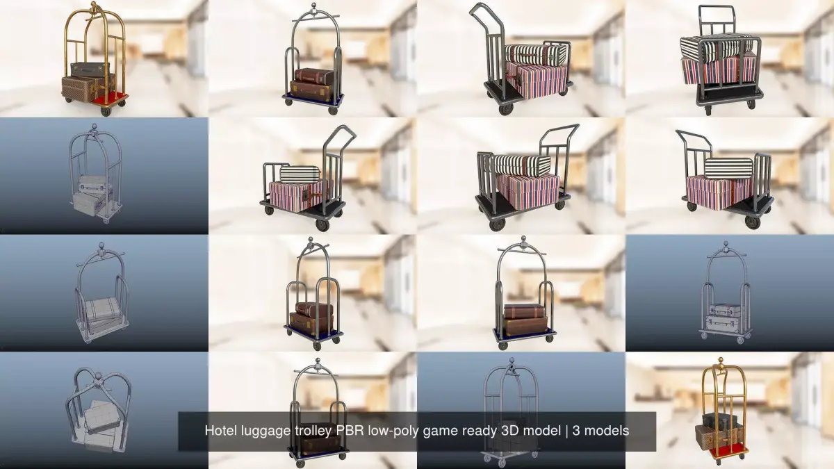Hotel luggage trolley PBR low-poly game ready 3D model 3D Model Pack