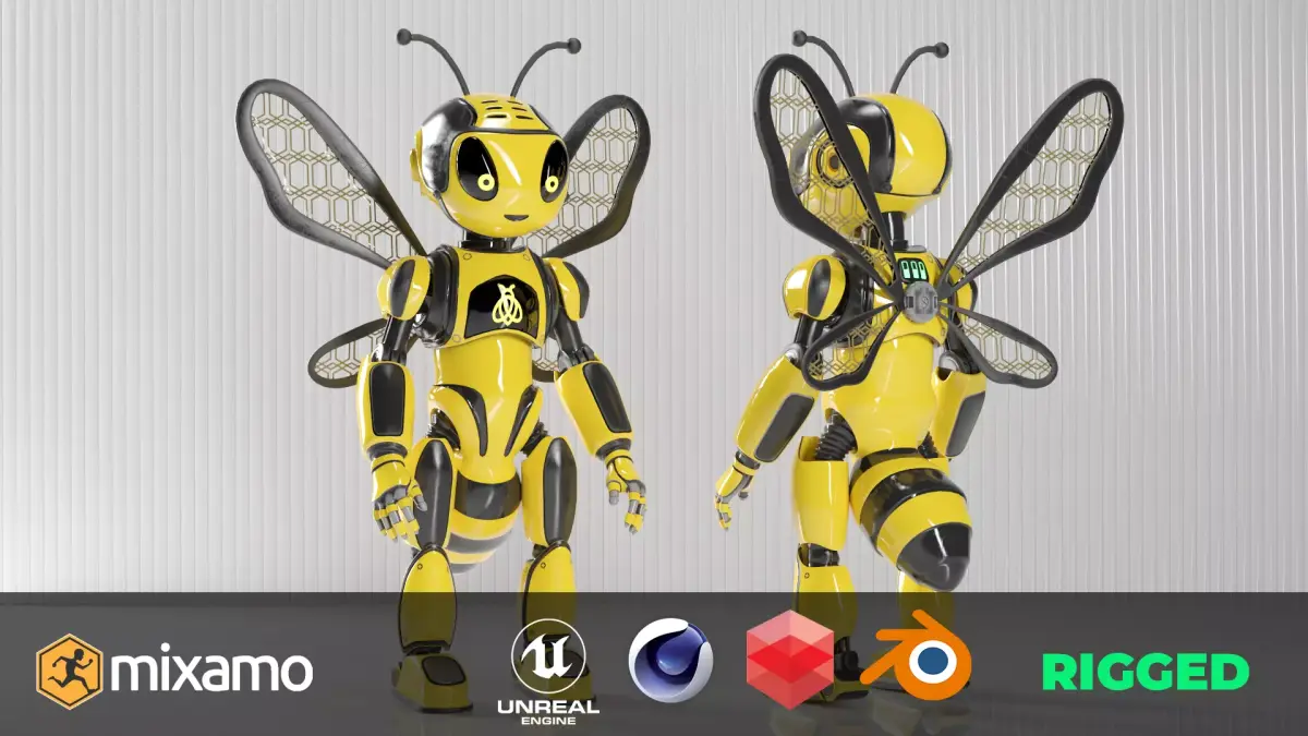 Futuristic Bee Robot Mascot Rigged Character Low-poly 3D model