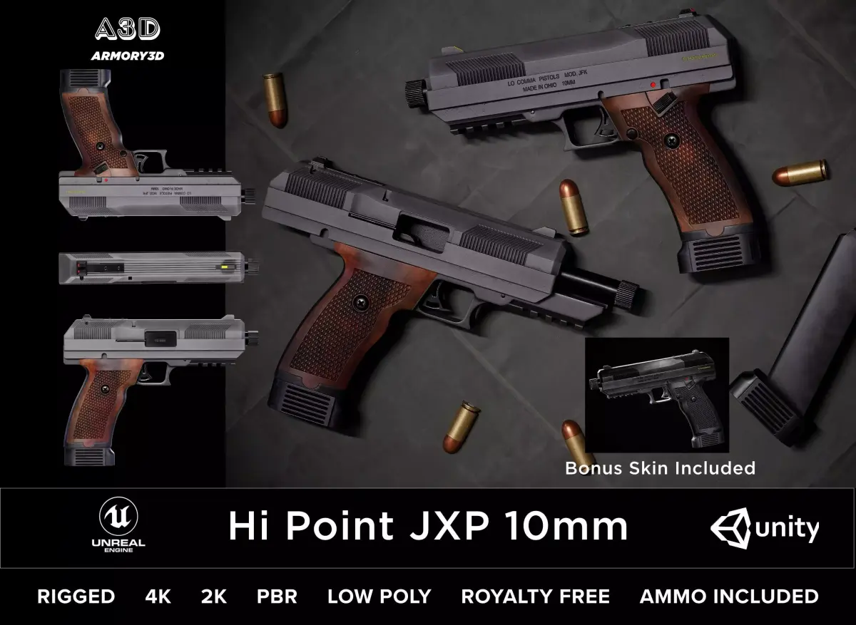 Game Ready Hi Point JXP 10mm Pistol PBR Rigged Free low-poly 3D model
