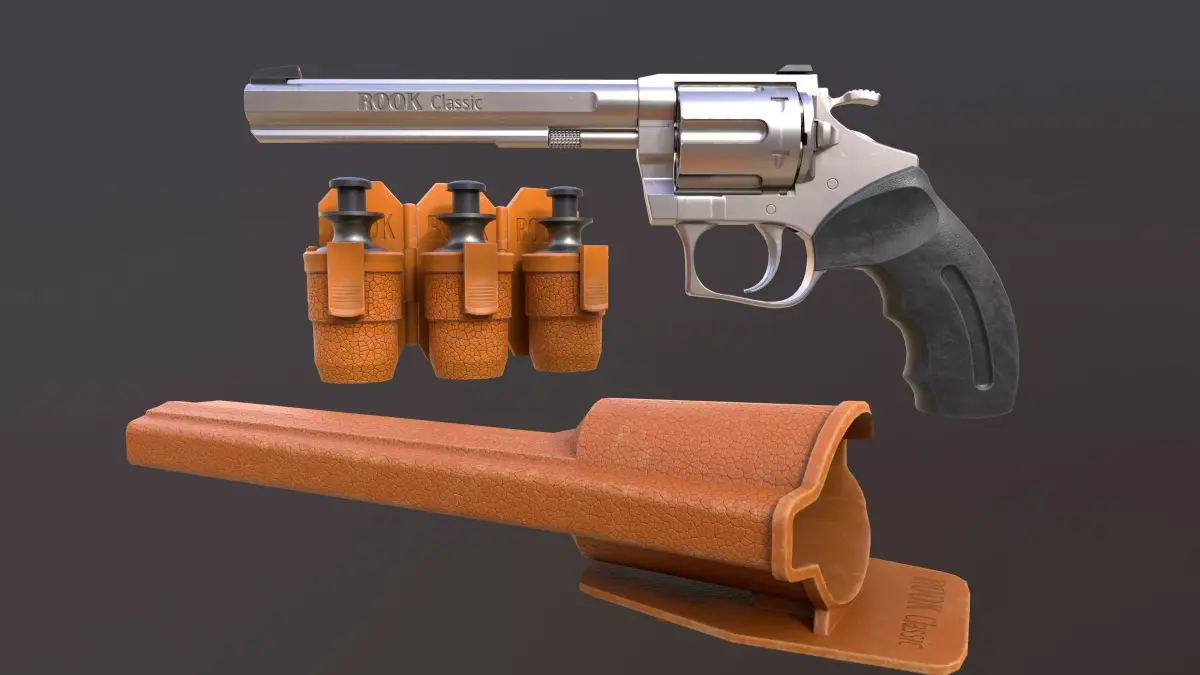 Rook Classic Revolver Nickel with Bandolier and Speedloader Low-poly 3D model