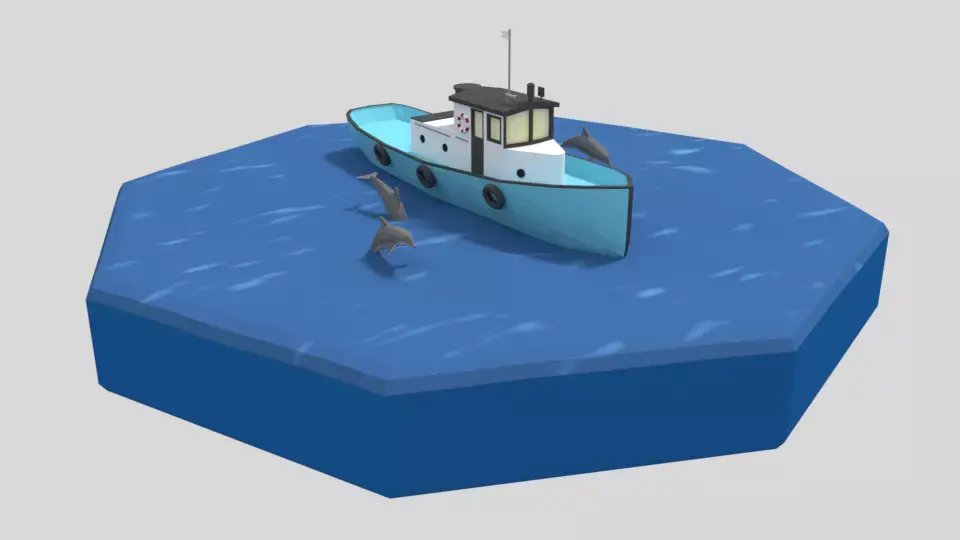 Low Poly Cartoon Fishing Boat and Dolphins Low-poly 3D model