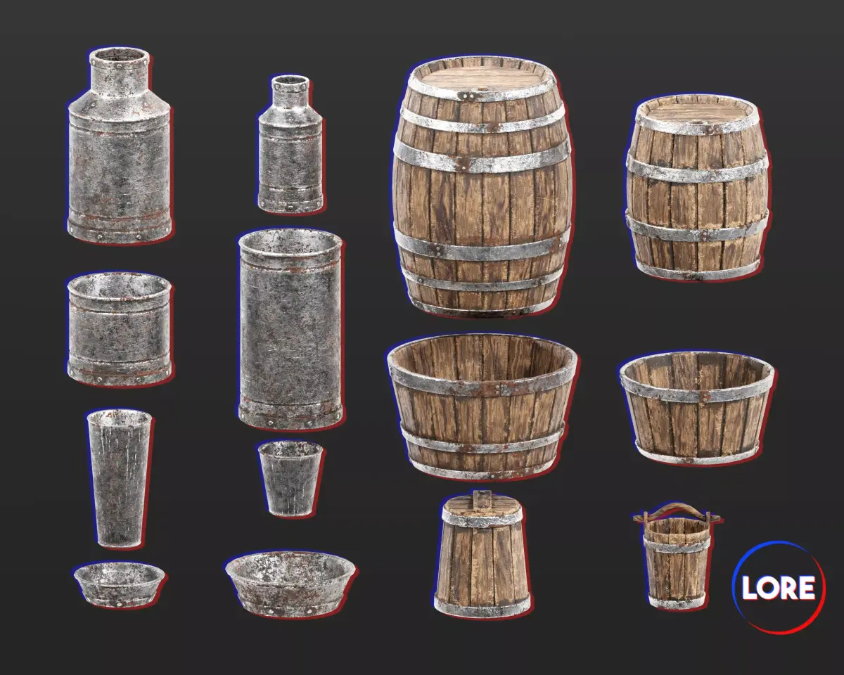 Medieval Collection Containers Barrels and Buckets 3D Model Pack purchase