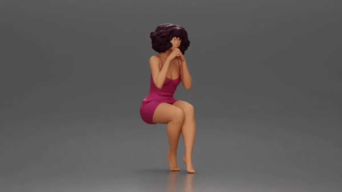Woman in Pink Dress Sitting with Hands on Chin 3D print model