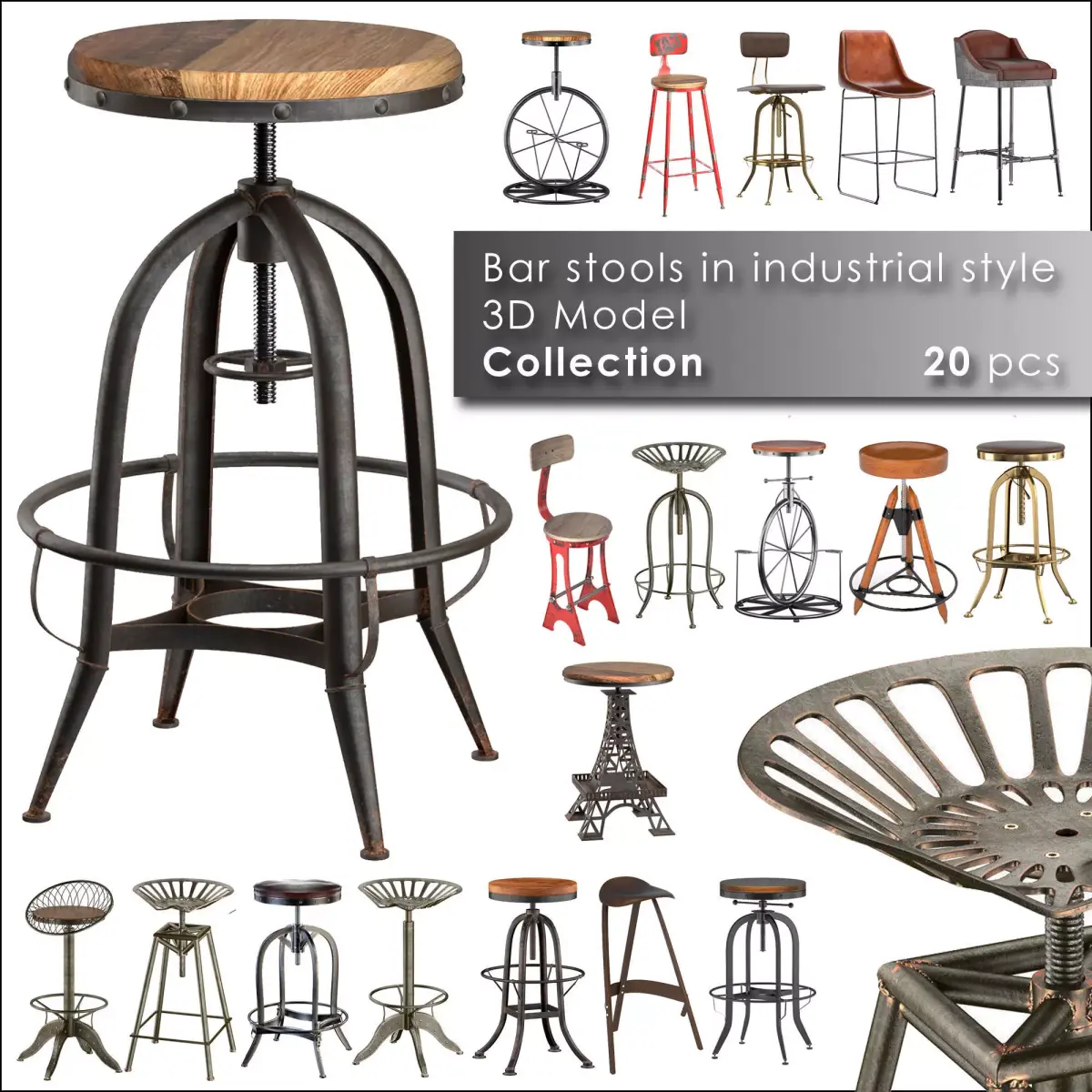 Bar stools in industrial style 3D Model Pack
