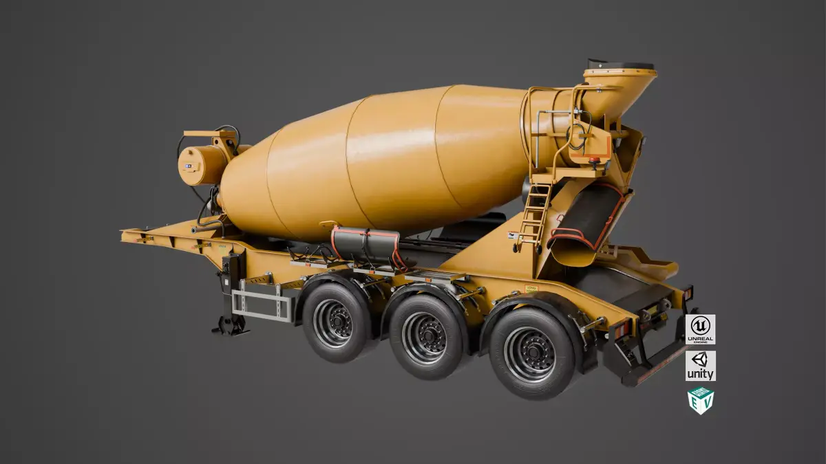 Cement Mixer Yellow Trailer Rigged All PBR Unity UE Textures Low-poly 3D model