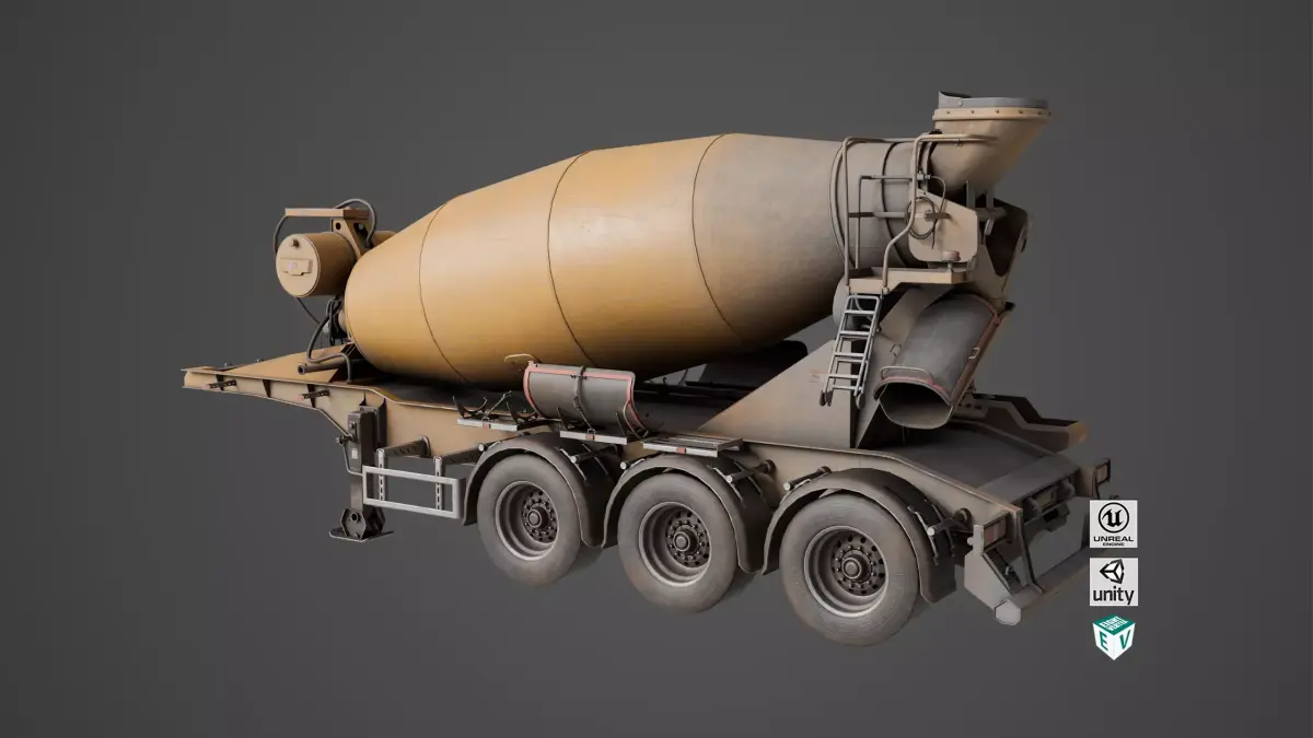 Cement Mixer Dusty Yellow Rigged All PBR Unity UE Textures Low-poly 3D model