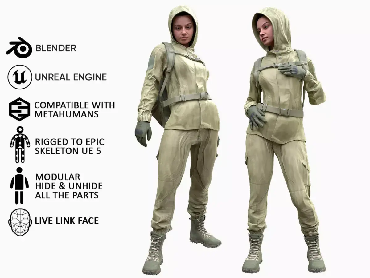 Woman - Hunting Uniform 2 - Modular - Rigged Low-poly 3D model