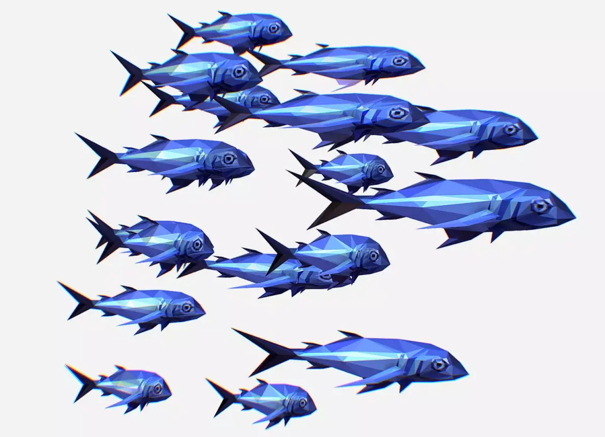 Animated Low Poly Art Flock Blue Sea Fish Low-poly 3D model