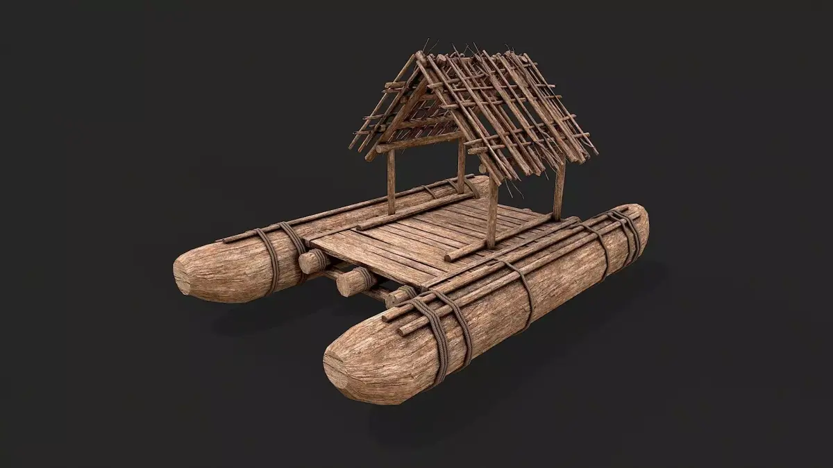 Primitive Wooden Raft Survival Boat Hut Shelter Low-poly 3D model