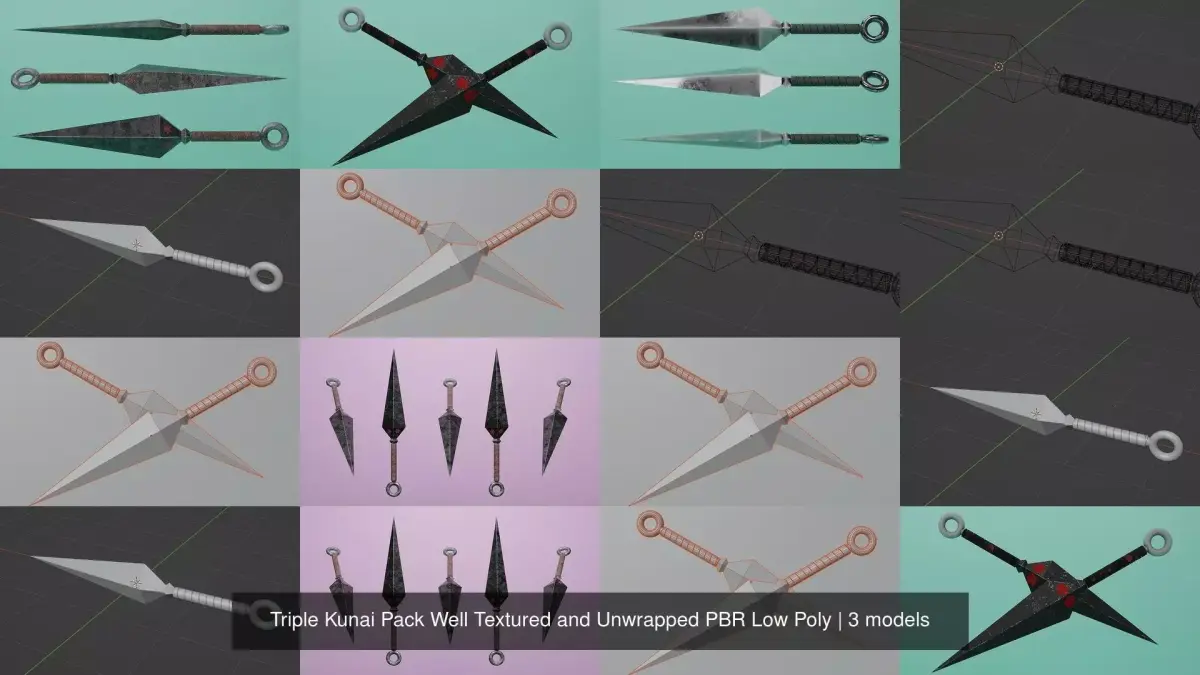 Triple Kunai Pack Well Textured and Unwrapped PBR Low Poly 3D Model Collection