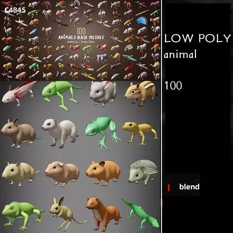 100 Low Poly Animals Base Meshes Pack Domestic Farm Pet Low-poly 3D model