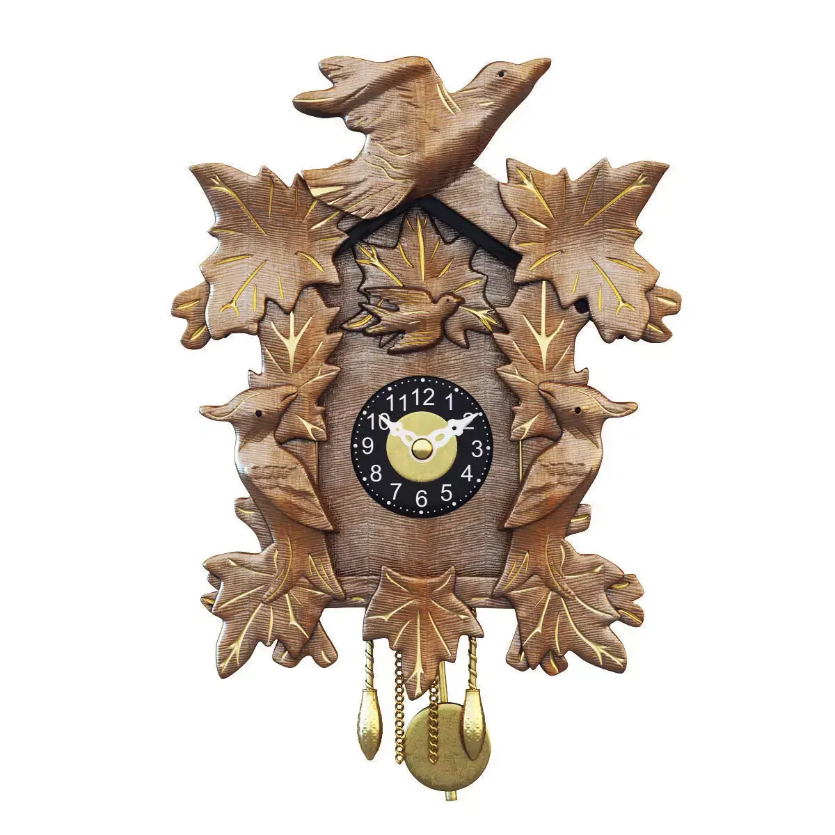 Clock wooden cuckoo with birds and leaves 3D model