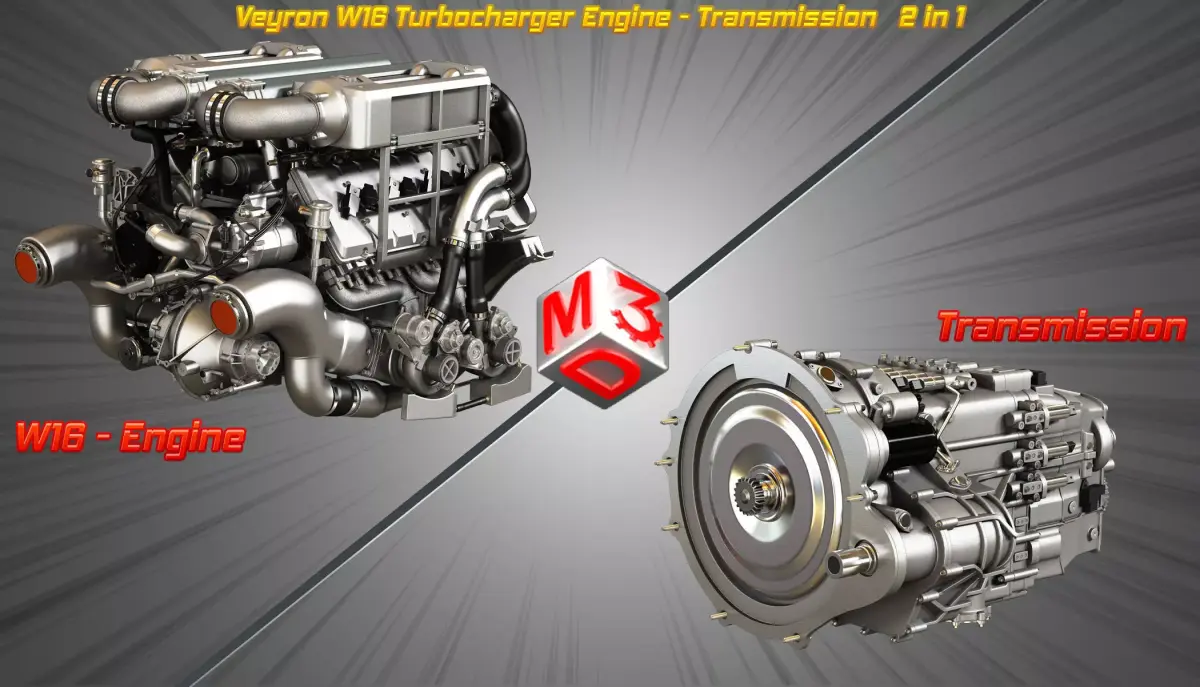 Veyron W16 Turbocharger Engine - Transmission   2 in 1 3D Model Pack purchase