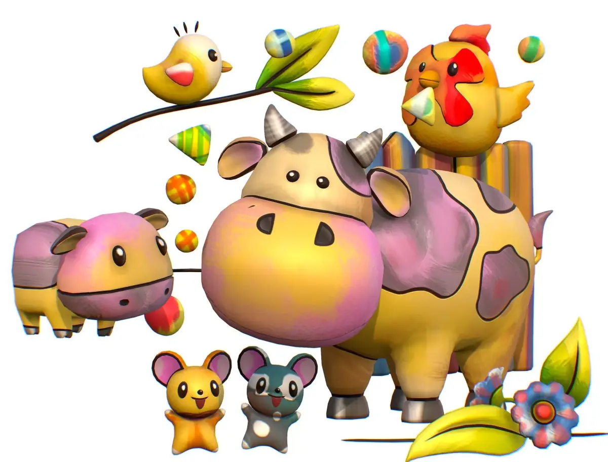 Cartoon 3D illustration Cow Mouse Rooster Chick Low-poly 3D model