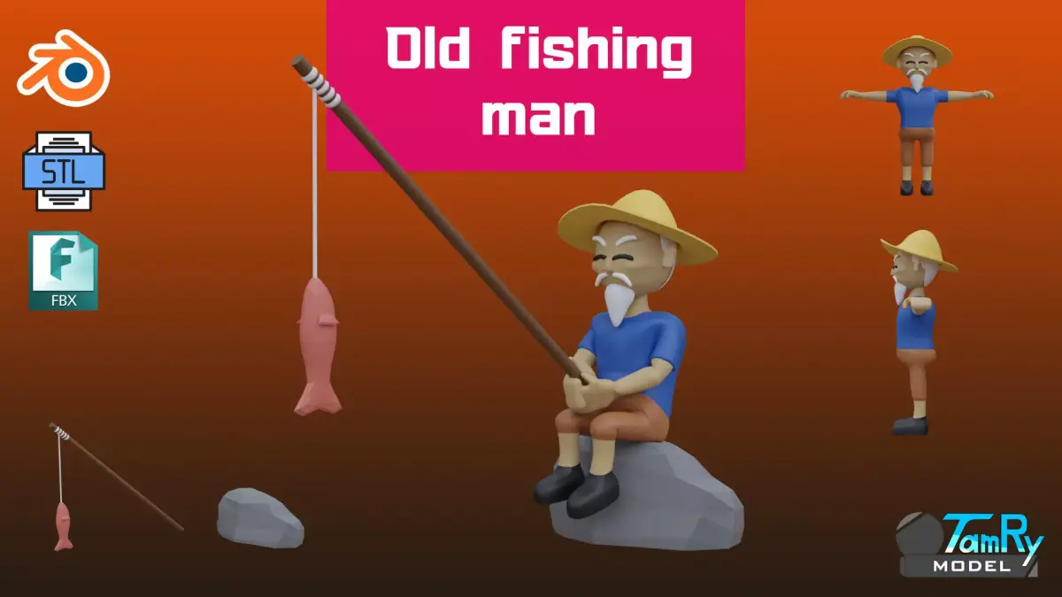 Old Fishing man Low-poly 3D model