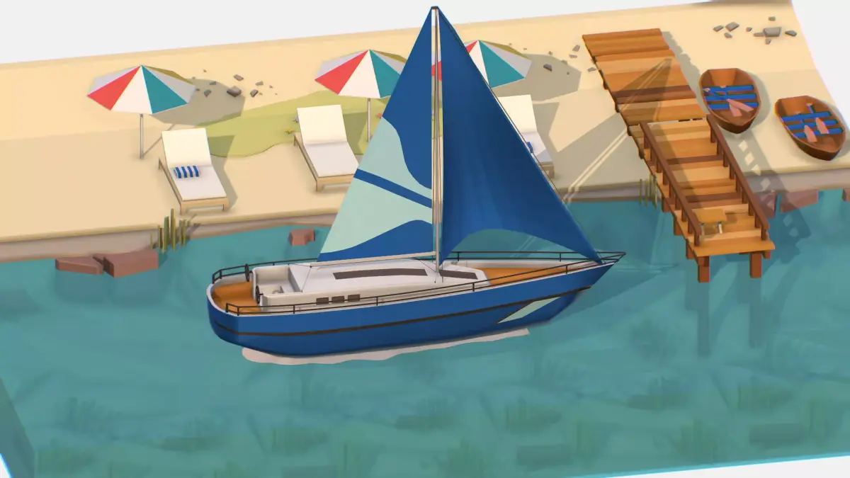 Blue Yacht Scene MotorBoat Blue Low-poly 3D model