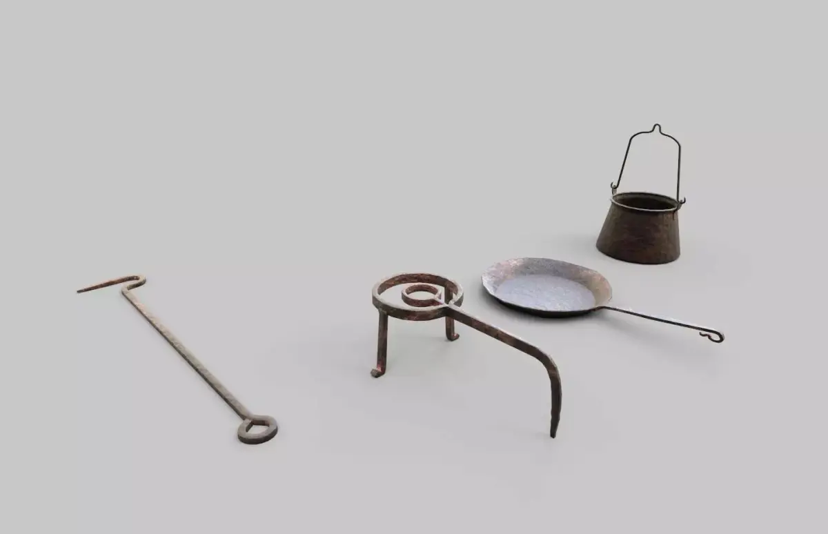 Medieval iron kitchen equipment Low-poly 3D model