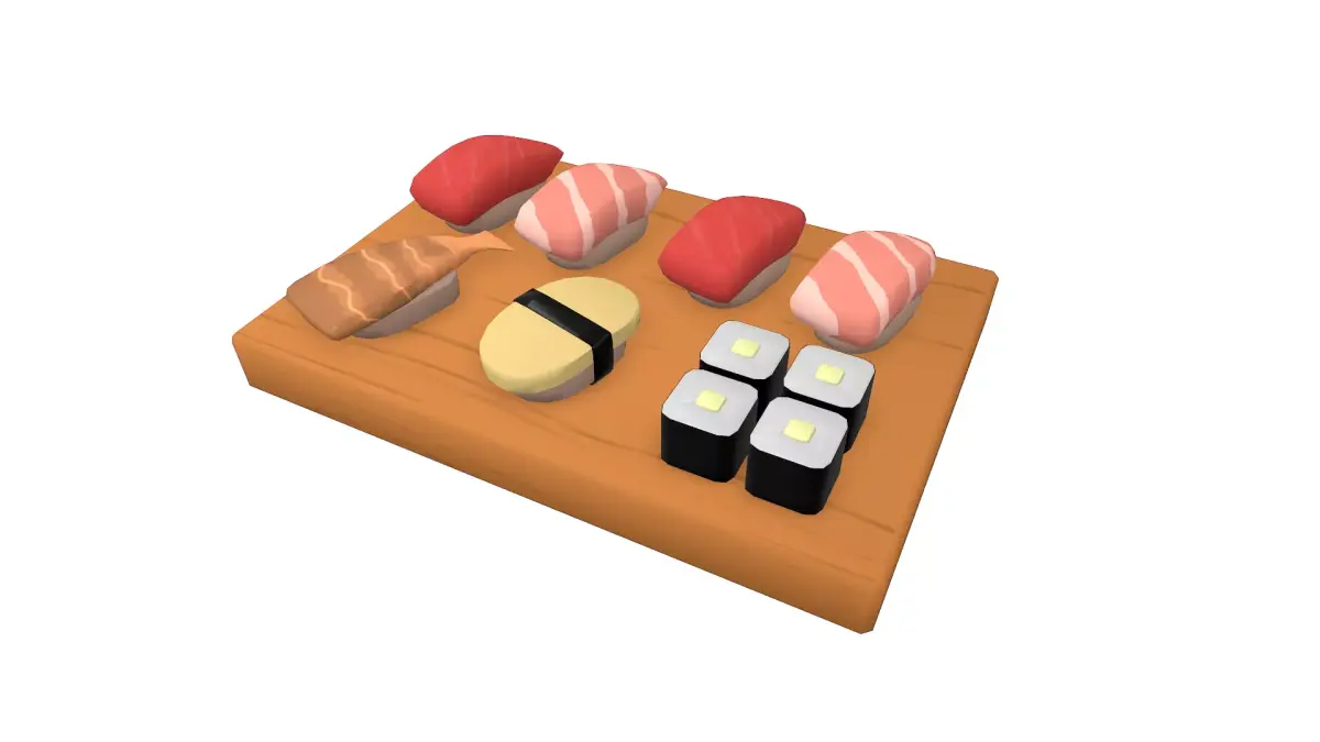 Sushi on wooden cutting board Low-poly 3D model
