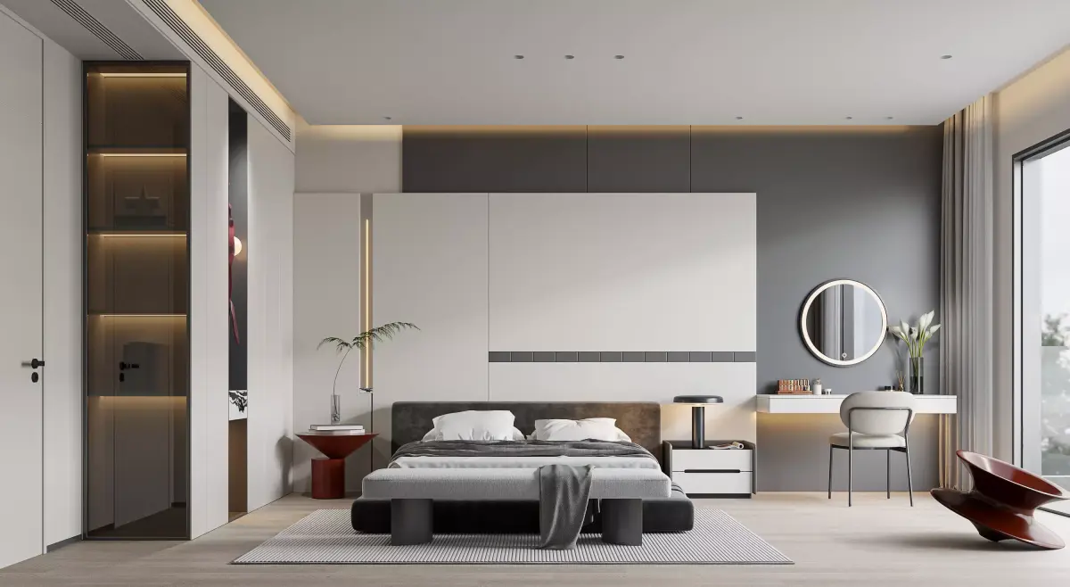 Modern master bedroom and bathroom interior 3D model